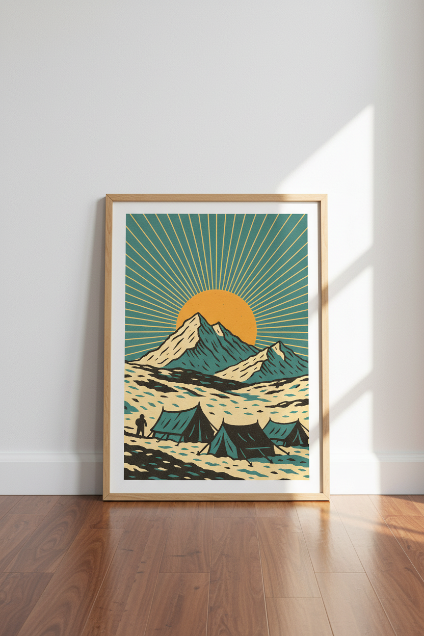 Retro Mountain Camp Framed Wall Art | Mid Century Modern Decor | Adventure Camping Poster | Ready to Hang Art Print