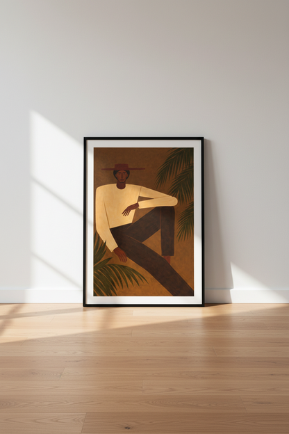 Minimalist Figure Art Print, Modern Boho Wall Art, Sitting Man with Palm Leaves Poster, Earth Tone Home Decor, Contemporary Wall Hanging