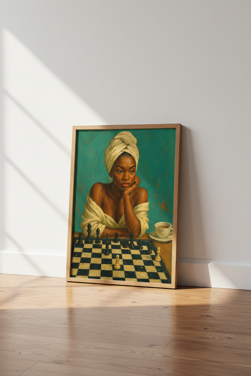 Abstract Chess Player Art Print | Teal Bathroom Decor | Framed Wall Art | Black Woman Portrait Poster | Ready to Hang