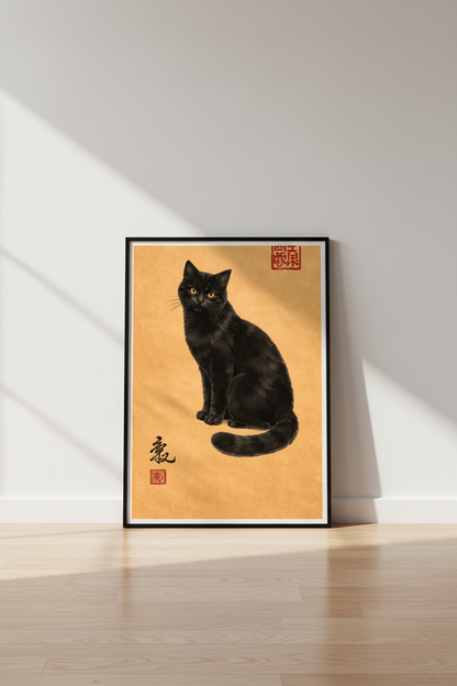 Black Cat Art Print, Japanese Sumi-e Style, Asian Art Wall Decor, Yellow Eyes Feline Poster, Minimalist Cat Wall Art, Home Decor Gift