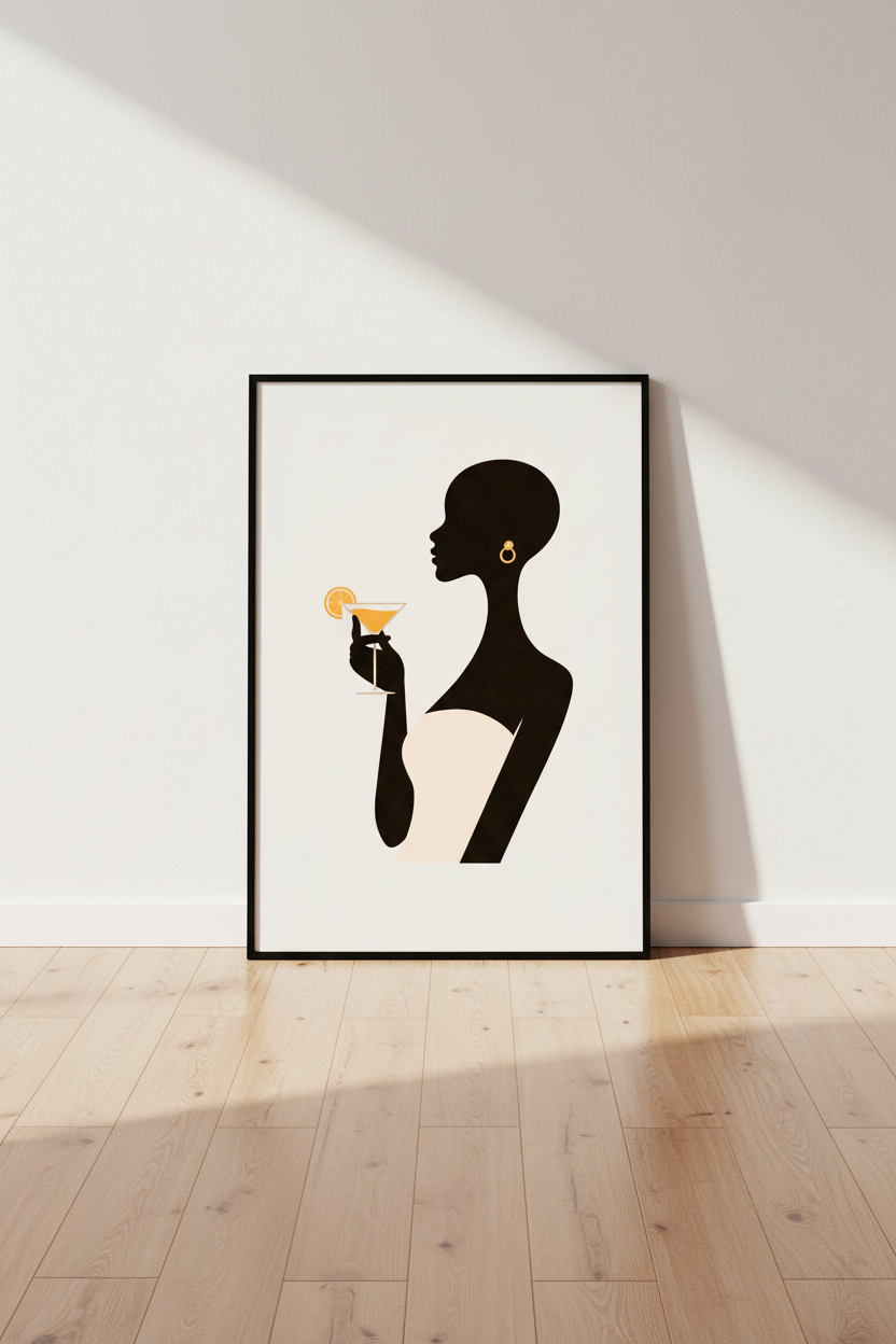 Elegant Abstract Woman with Cocktail Wall Art | Minimalist Silhouette Print | Home Bar Decor | Fashion Art Poster