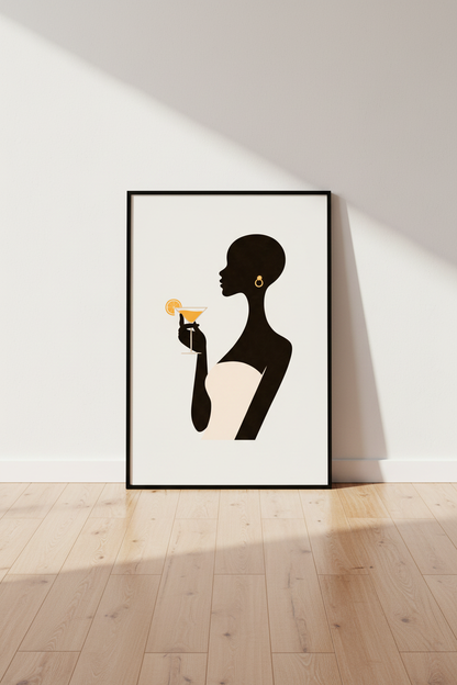 Elegant Abstract Woman with Cocktail Wall Art | Minimalist Silhouette Print | Home Bar Decor | Fashion Art Poster