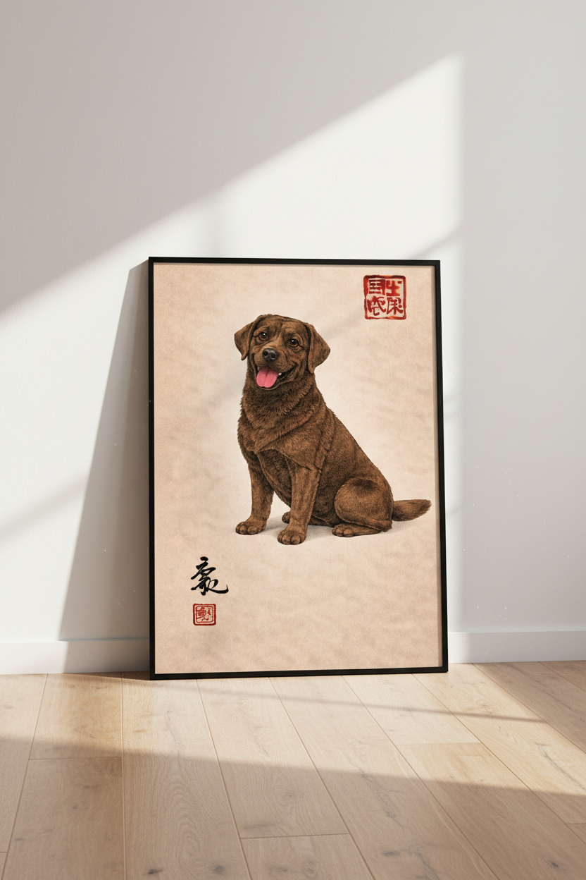 Choco Lab Dog Wall Art Print | Japanese Style Pet Portrait Poster | Brown Labrador Home Decor | Animal Wall Hanging Art