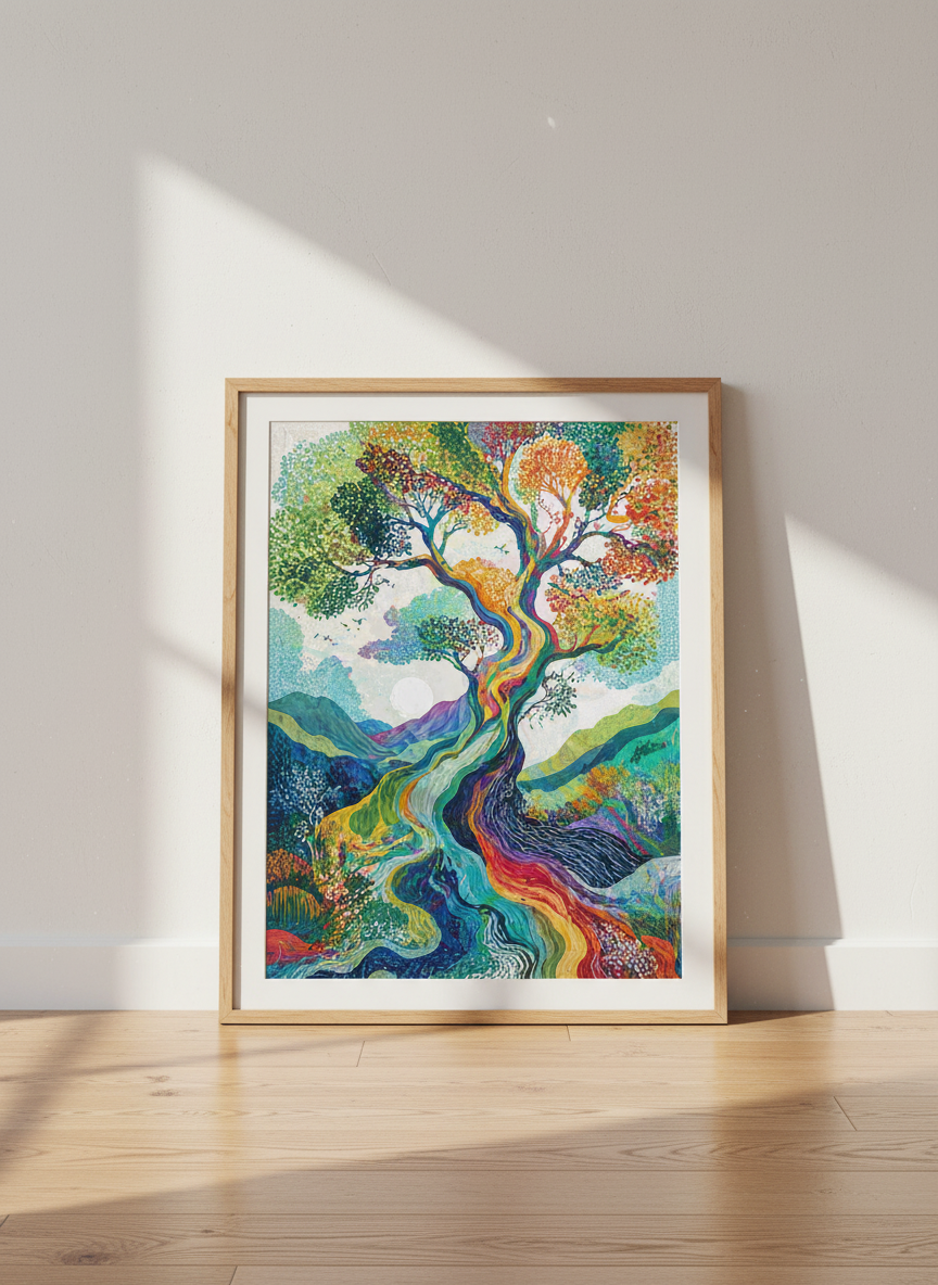 Rainbow Tree of Life Wall Art | Maximalist Decor | Boho Landscape Poster Print