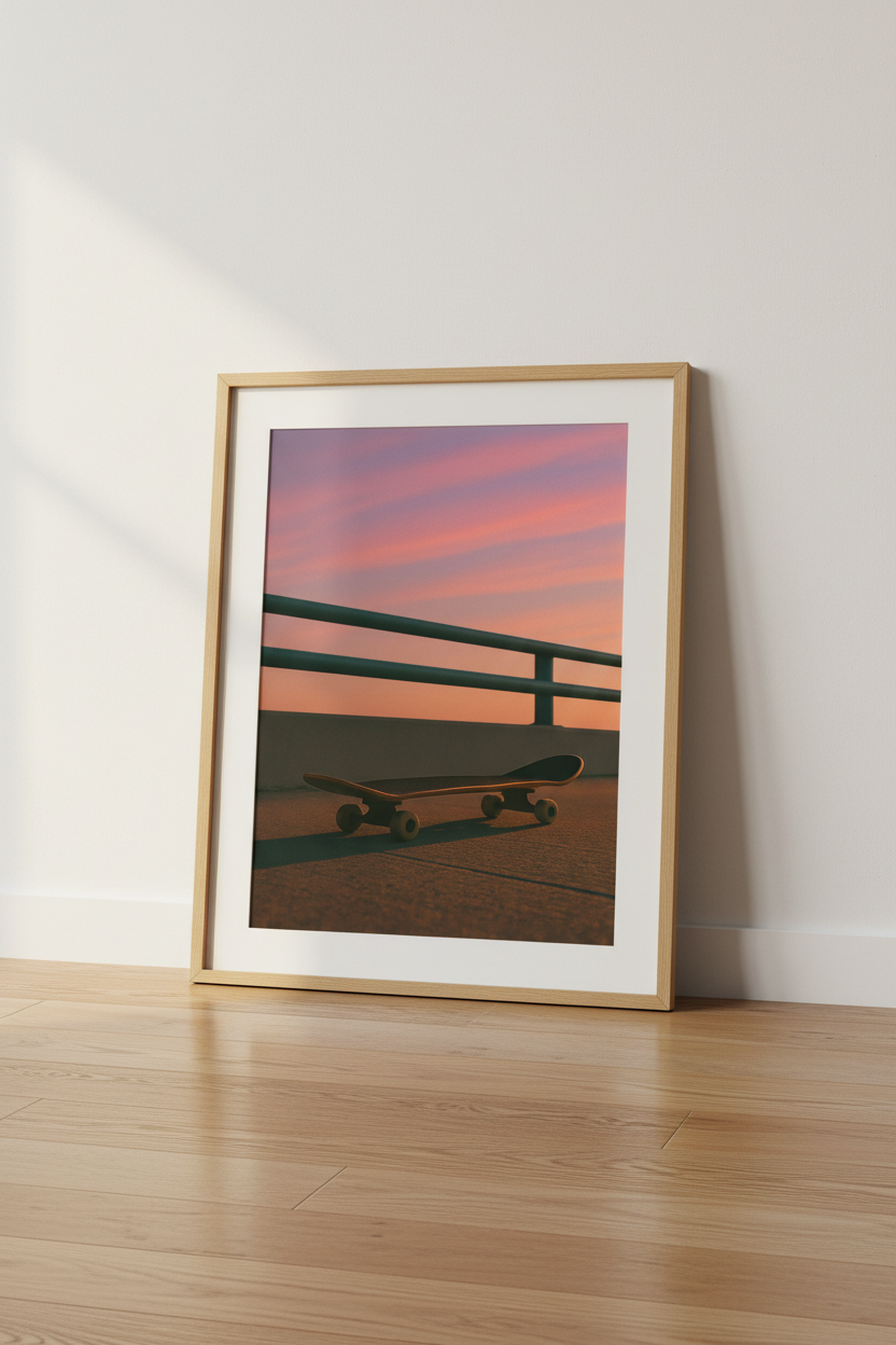 Aesthetic Sunset Skater Wall Art Print | Teen Room Decor | Framed Skateboard Minimalist Poster | Ready to Hang Art