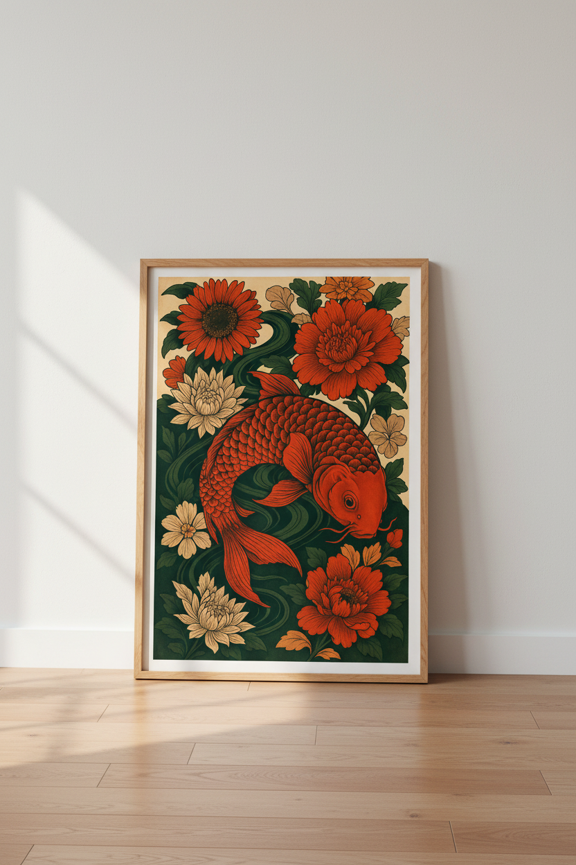 Japanese Koi Fish &amp; Floral Framed Art Print | Asian Inspired Living Room Decor | Red &amp; Green Aesthetic Framed Wall Art