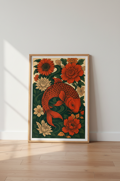 Japanese Koi Fish &amp; Floral Framed Art Print | Asian Inspired Living Room Decor | Red &amp; Green Aesthetic Framed Wall Art