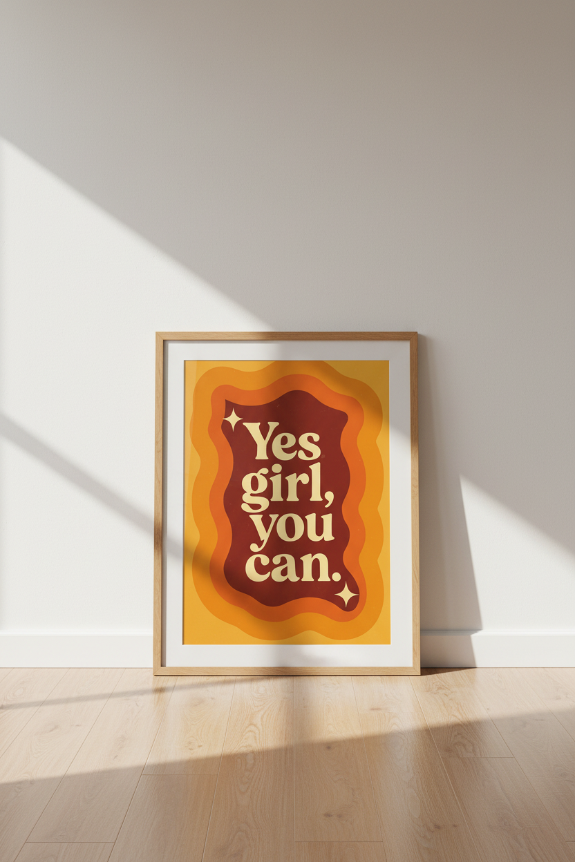 Retro Yes Girl You Can Wall Art Print | Empowering Office Decor | 70s Groovy Aesthetic Framed Poster | Motivational Art