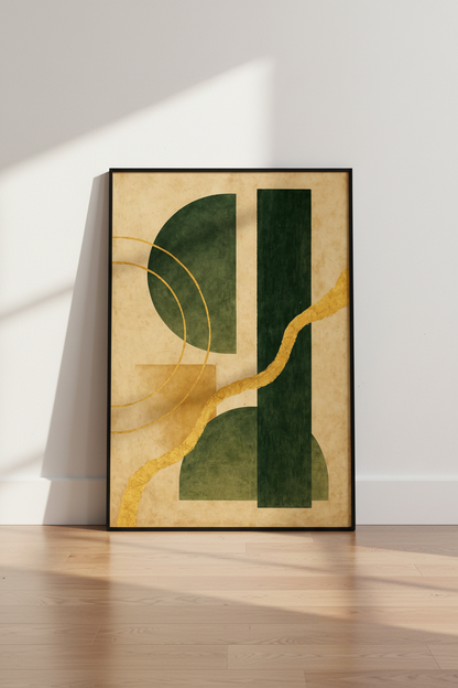 Abstract Geometric Wall Art Print | Modern Emerald Gold Living Room Decor | Mid Century Mustard Sage Poster