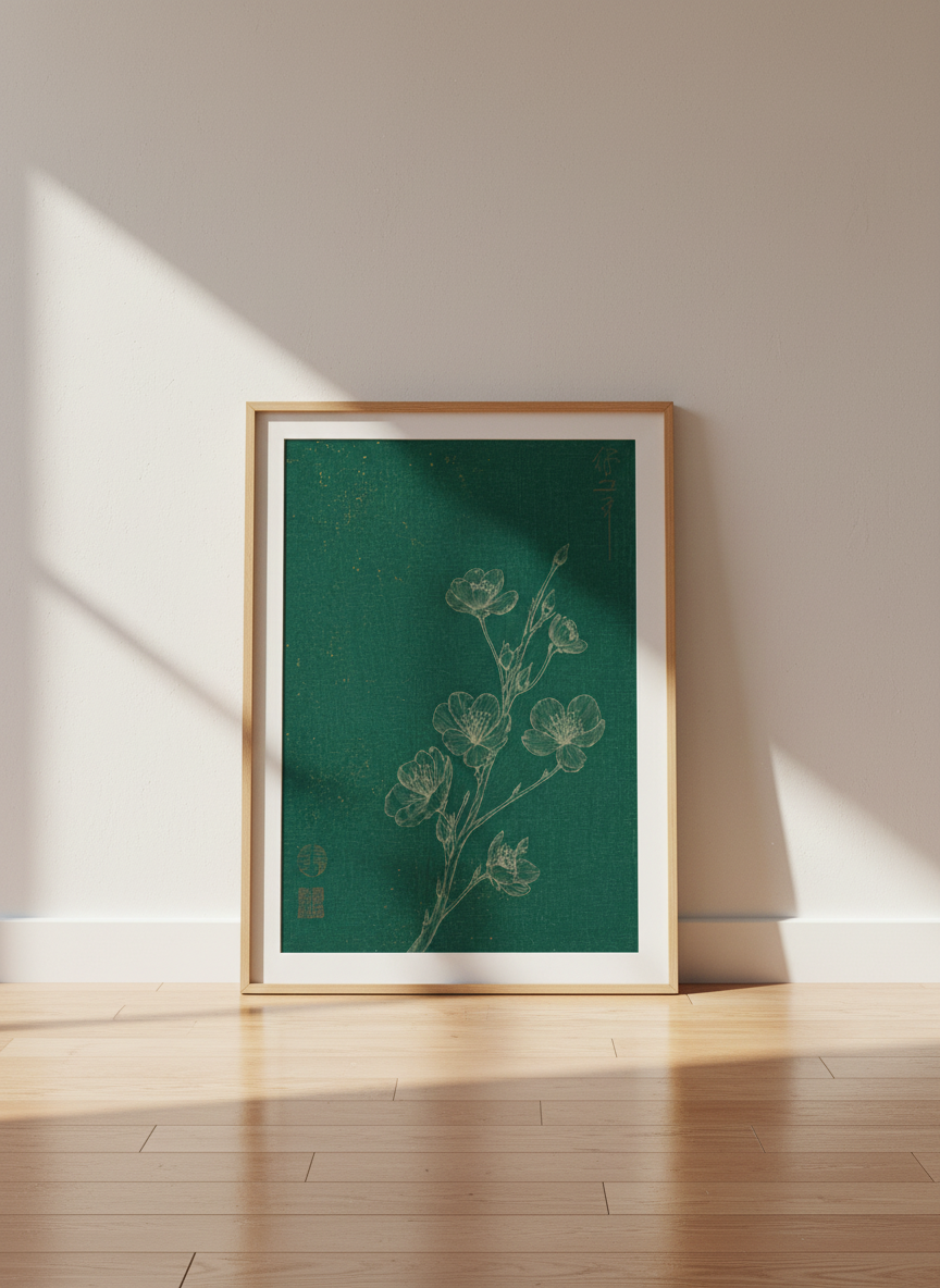 Asian Floral Wall Art | Dark Green Bloom Print | Zen Decor