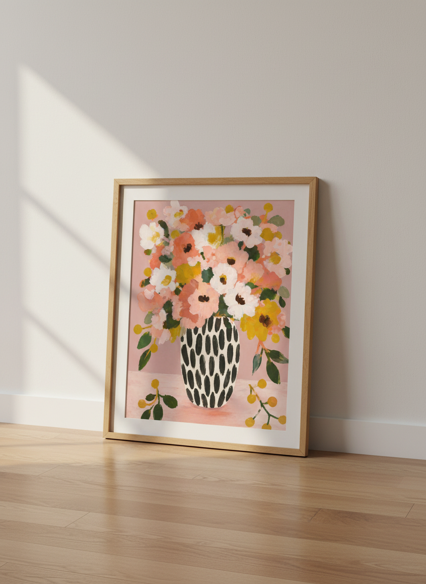 Abstract Floral Vase Art Print | Pink Blush Boho Flower Decor | Botanical Wall Art