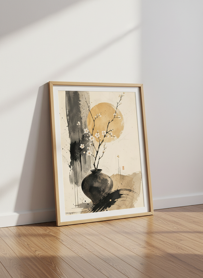 Zen Cherry Blossom Art | Japanese Style, Abstract Moon Poster | Minimalist Decor