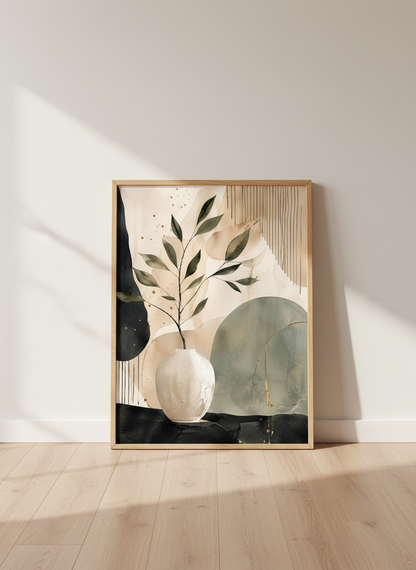 Abstract Botanical Art Print | Neutral Sage Green Gold Wall Decor | Modern Farmhouse