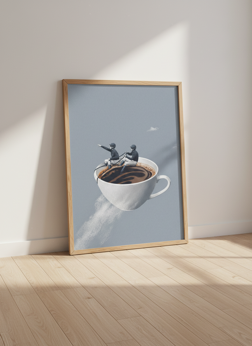 Jockey Coffee Cup Art | Whimsical Kitchen Decor | Quirky Morning Poster Print