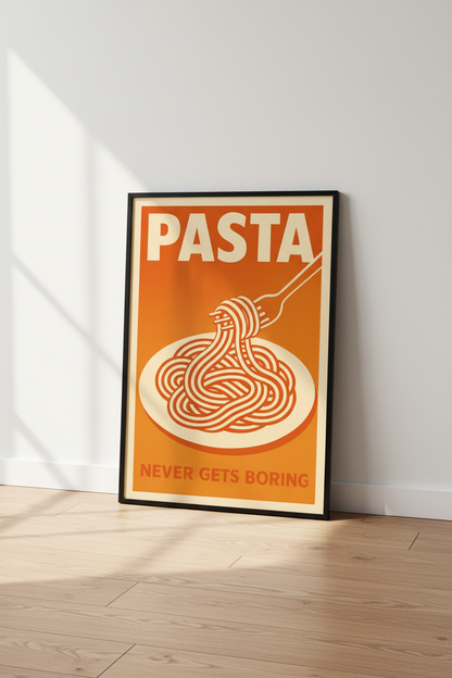 Pasta Never Gets Boring Wall Art Print | Funny Kitchen Decor, Italian Food Poster, Retro Mid-Century Modern Art Print | Dining Room Wall Hanging
