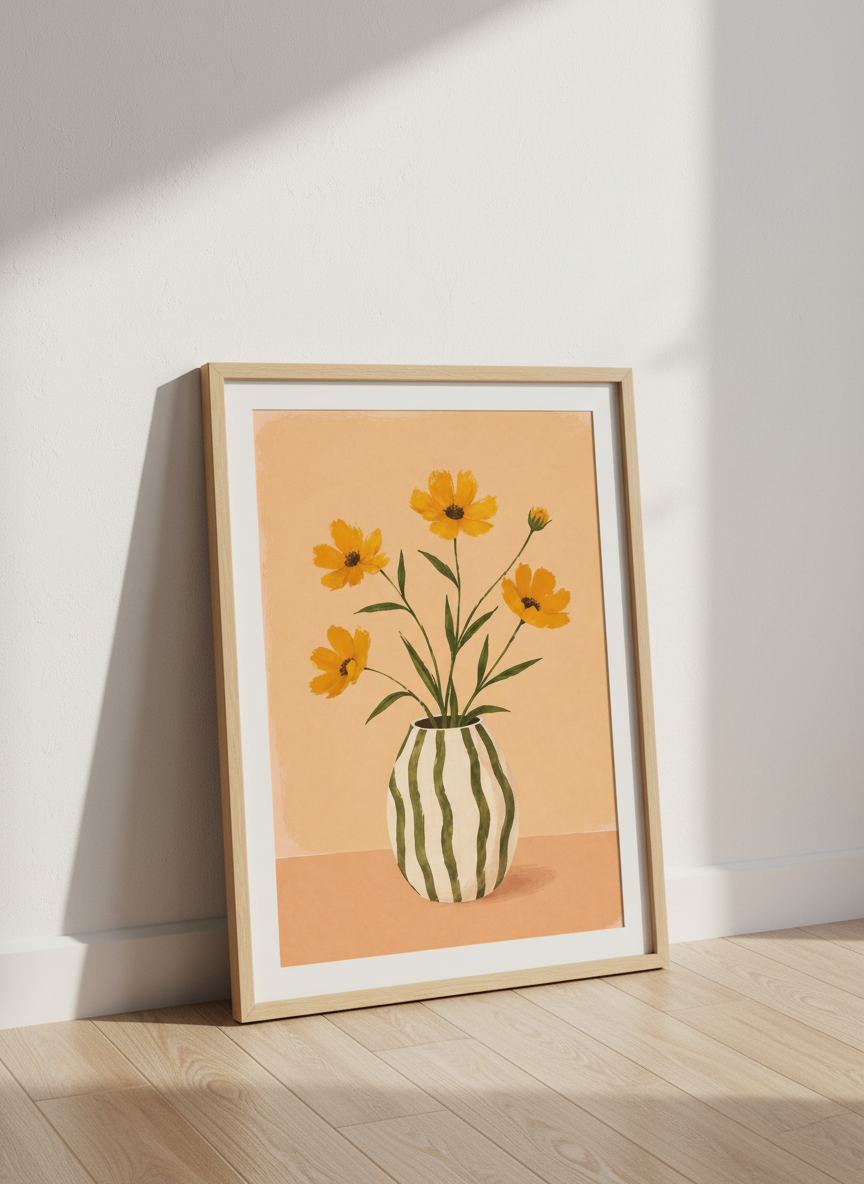 Minimalist Floral Wall Art Print | Boho Bedroom Decor | Framed Botanical Poster | Yellow Orange Aesthetic Ready to Hang