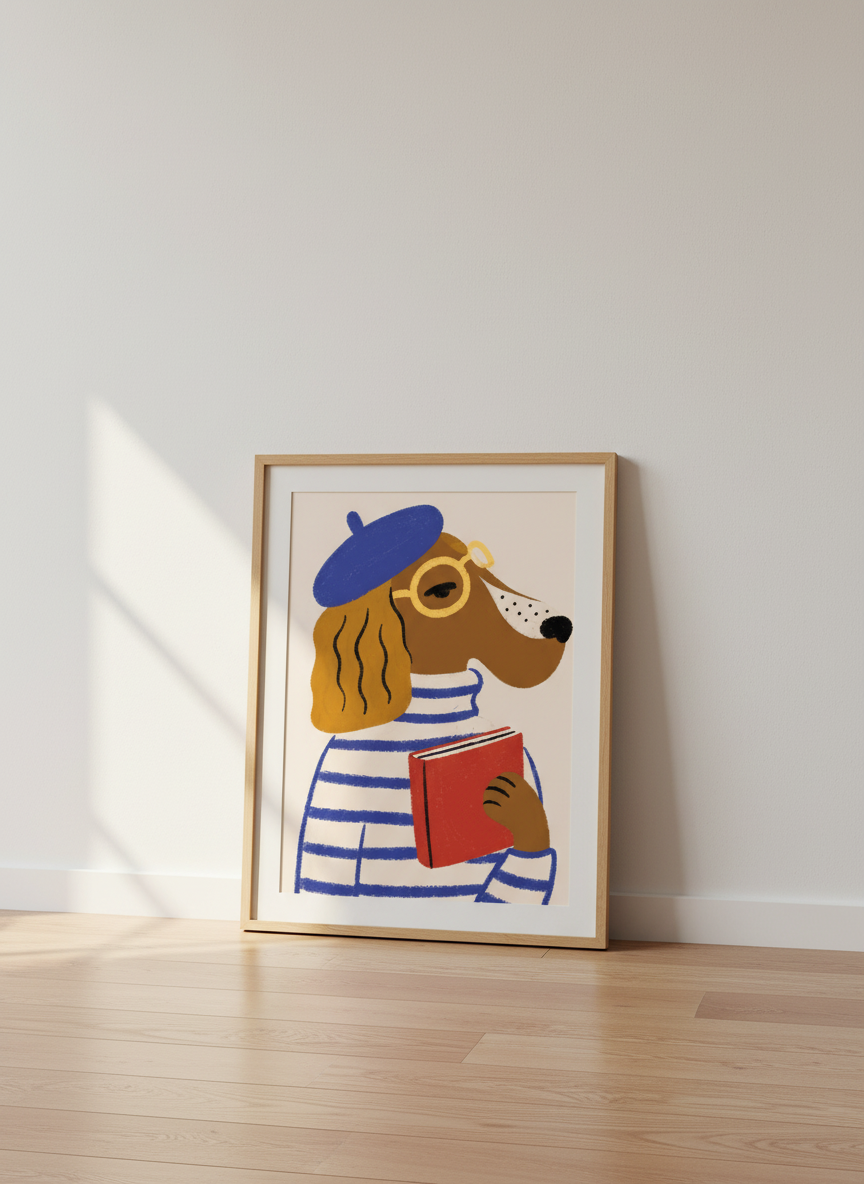 Abstract Dog Wall Art Print | Boho Animal Decor | Kids Room Poster | Mid Century Modern Nursery Art | Pet Lover Gift | French Beret Hound