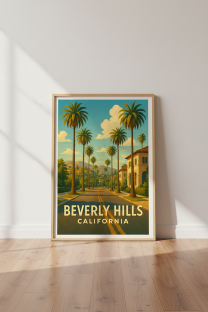 Beverly Hills Travel Poster | California Palm Tree Wall Art Print | Mid-Century Modern Room Decor | Retro Landscape Aesthetic