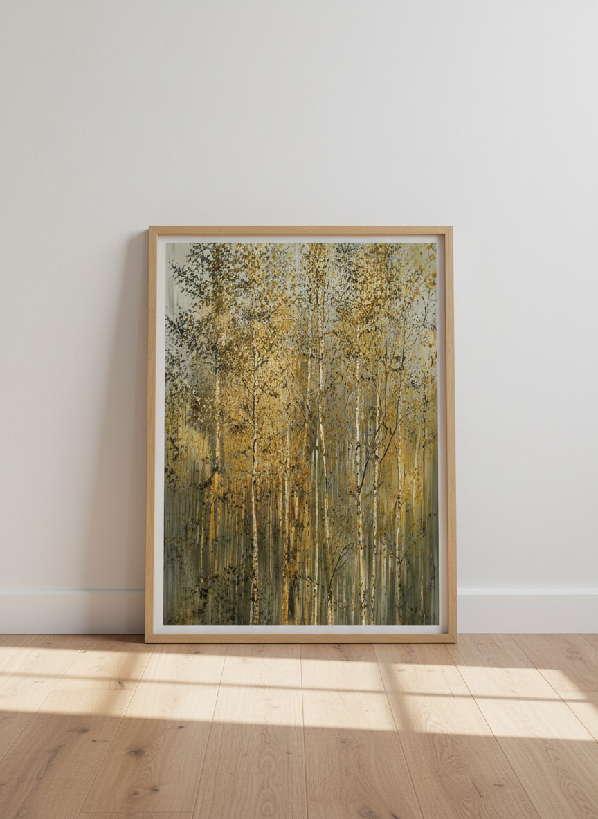 Abstract Impressionist Birch Forest Wall Art Print | Woodland Living Room Decor | Nature-Inspired Framed Poster