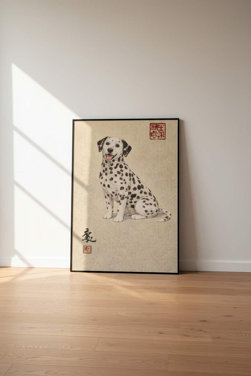 Charming Dalmatian Dog Art Print | Japanese Sumi-e Ink Wash Style Animal Wall Art Poster | Traditional Pet Portrait Home Decor