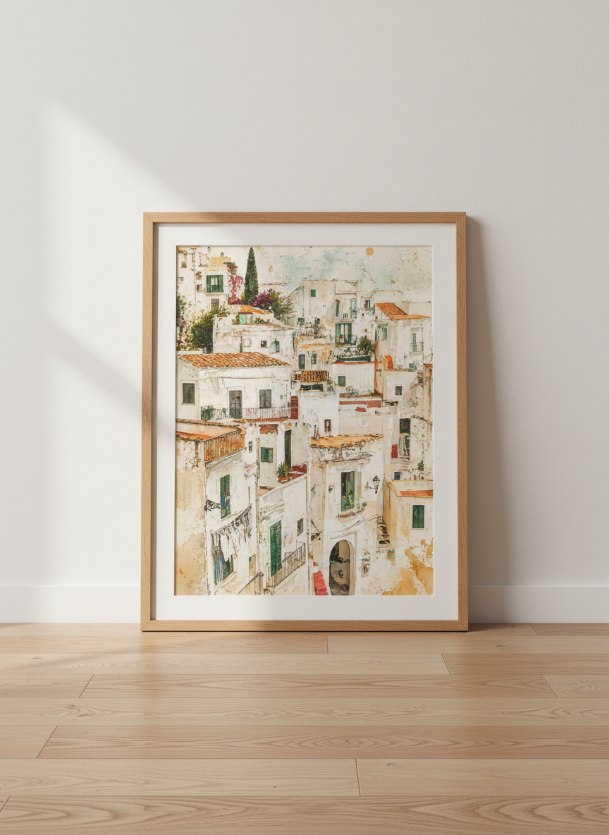 Mediterranean Village Watercolor Art | Italian Coastal Town Decor | European House Print