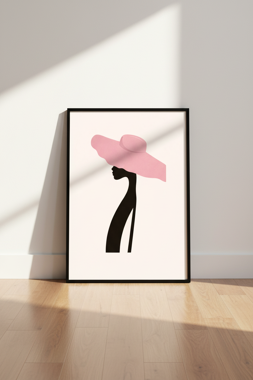 Minimalist Woman with Pink Hat Wall Art | Abstract Fashion Print | Modern Home Decor Poster | Elegant Portrait Wall Hanging