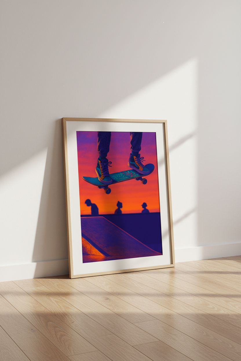 Neon Skater Wall Art Print | Skateboard Room Decor | Aesthetic Framed Poster | Vibe Sunset Art Print | Youth Bedroom Decor