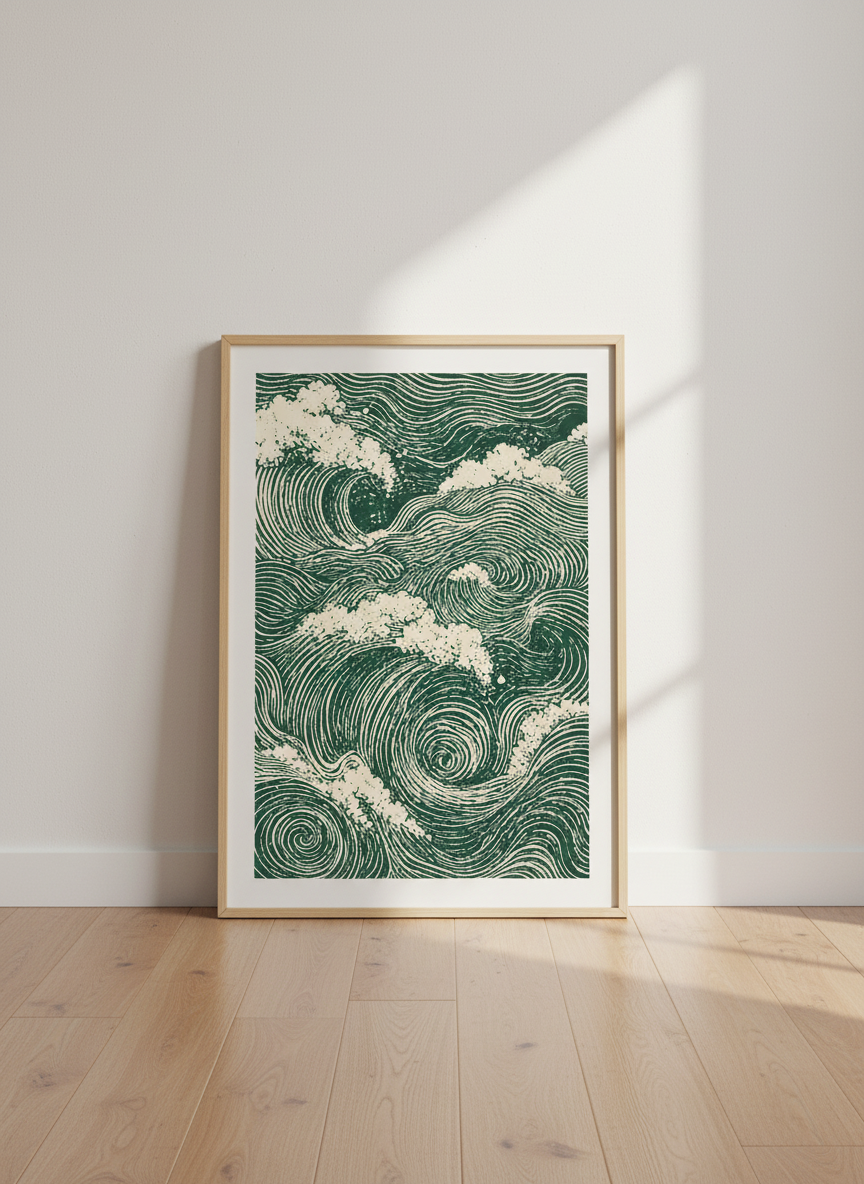 Japanese Wave Art Print | Green Ocean Waves Wall Decor | Coastal Aesthetic Poster