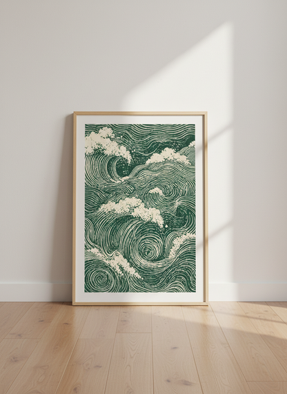 Japanese Wave Art Print | Green Ocean Waves Wall Decor | Coastal Aesthetic Poster