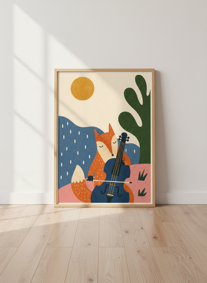 Fox Playing Cello Wall Art Print | Woodland Nursery Decor | Mid Century Modern Poster