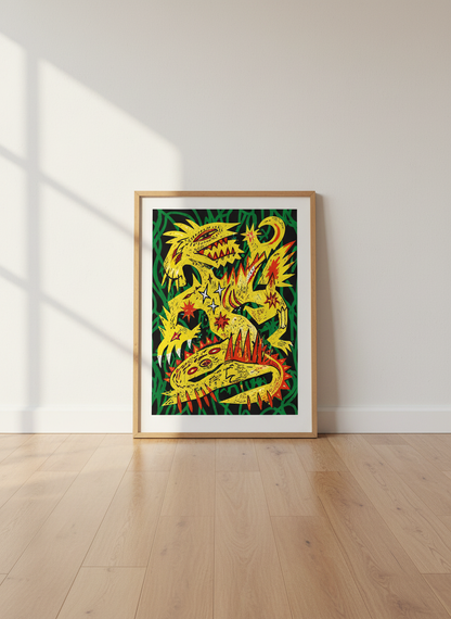Abstract Dragon Art Print | Maximalist Kids Room Wall Decor | Funky Psychedelic Framed Poster | Monster Art for Eclectic Home