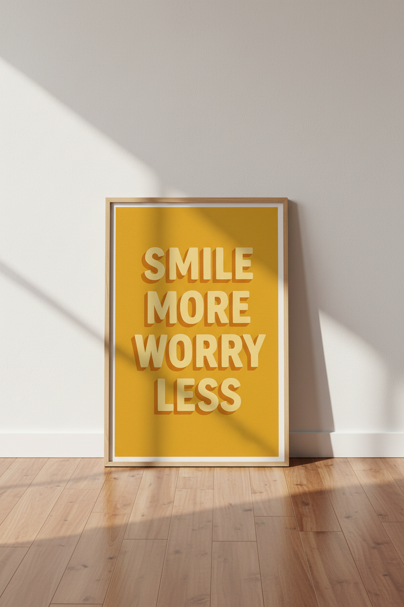 Retro Quote Framed Wall Art | "Smile More Worry Less" Print | Living Room Decor | Motivational Aesthetic Poster