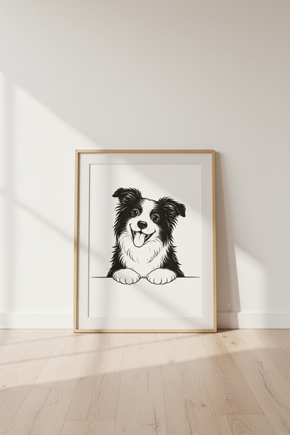 Cartoon Border Collie Wall Art Print | Dog Lover Decor | Cute Pet Poster | Nursery Playroom Art | Black White Animal Gift