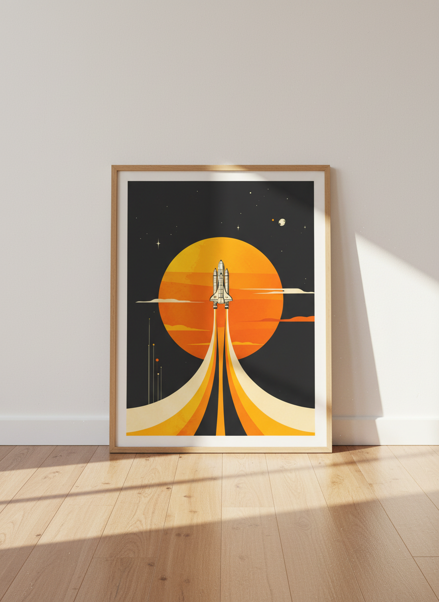 Space Shuttle Launch Print | Mid-Century Modern Space Art, Kids Room Decor