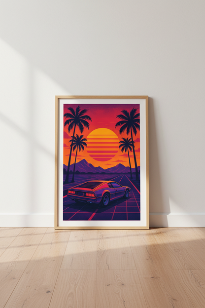 Aesthetic Synthwave Car Sunset Print | 80s Retro Futurism Wall Art | Neon Landscape Poster | Vaporwave Home Decor | Palm Tree Art Print