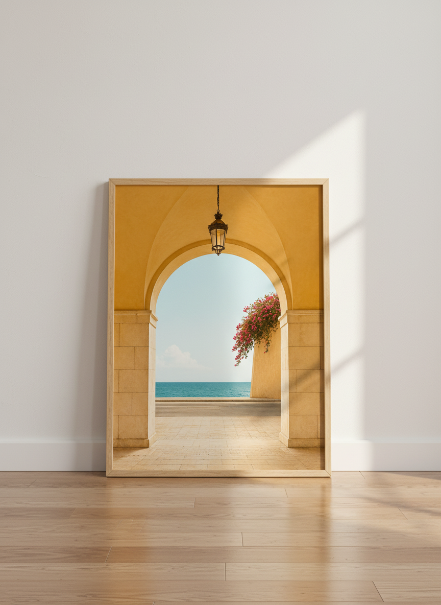 Coastal Archway Sea View Framed Art Print | Mediterranean Decor | Summer Beach House Poster