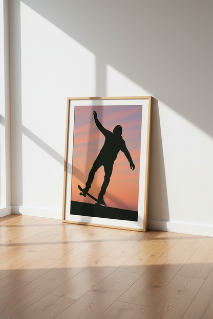 Skater Silhouette Framed Wall Art Print | Teen Bedroom Decor | Sunset Aesthetic Poster | Framed Skateboarding Art Gift