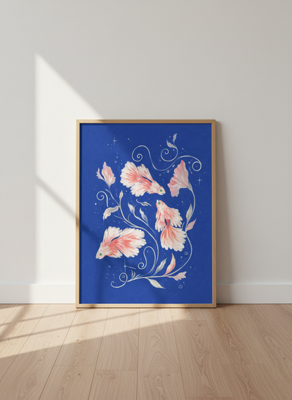 Pink Betta Fish Art Print | Blue Aesthetic Wall Decor, Nature Lover Gift