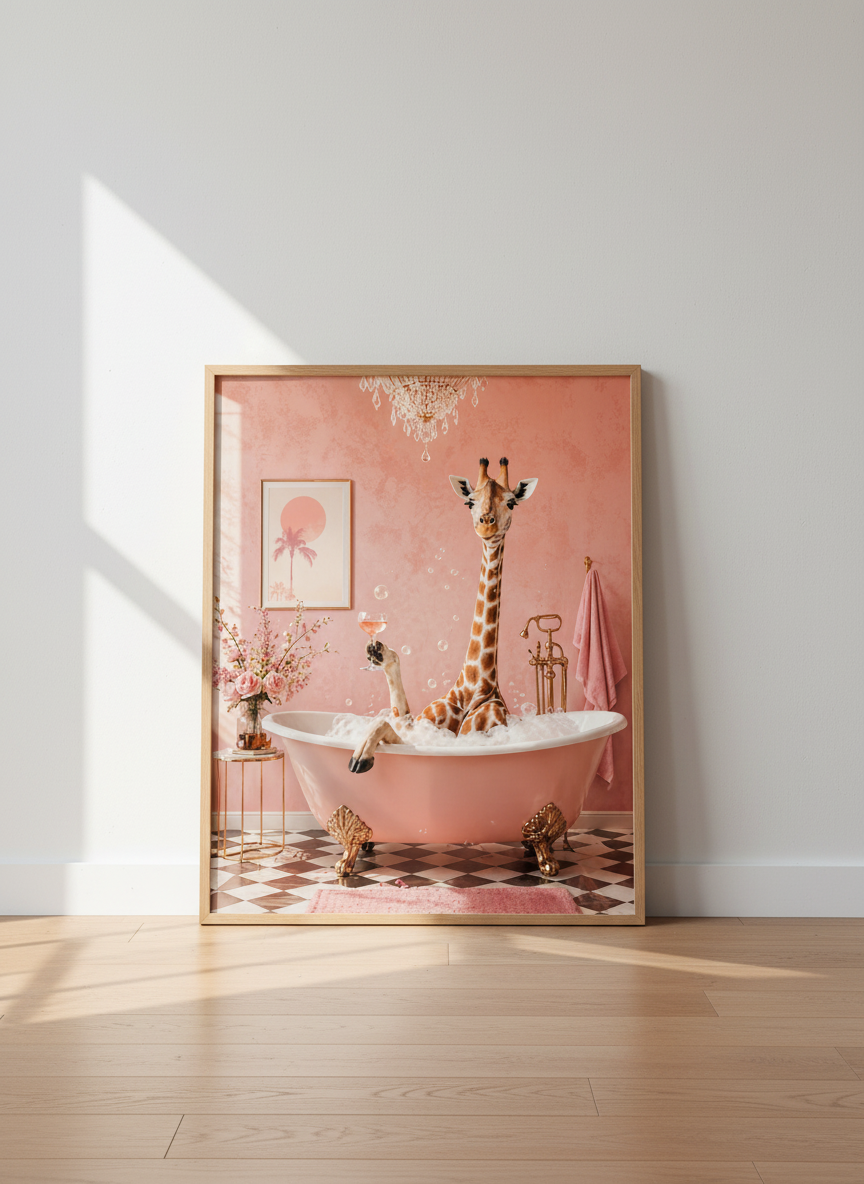 Giraffe in Bathtub Art | Pink Bathroom Decor, Whimsical Animal | Glam Poster Print