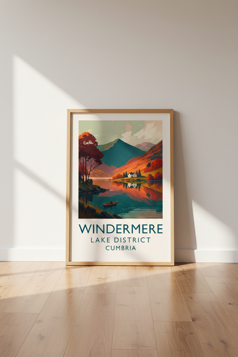 Windermere Lake District Travel Poster | Framed Wall Art | Autumn Landscape Home Decor | Ready to Hang Lake House Print