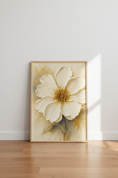 Textured Floral Wall Art Print | White Flower Gold Leaf Modern Decor | Cream Botanical Canvas Painting Large Poster