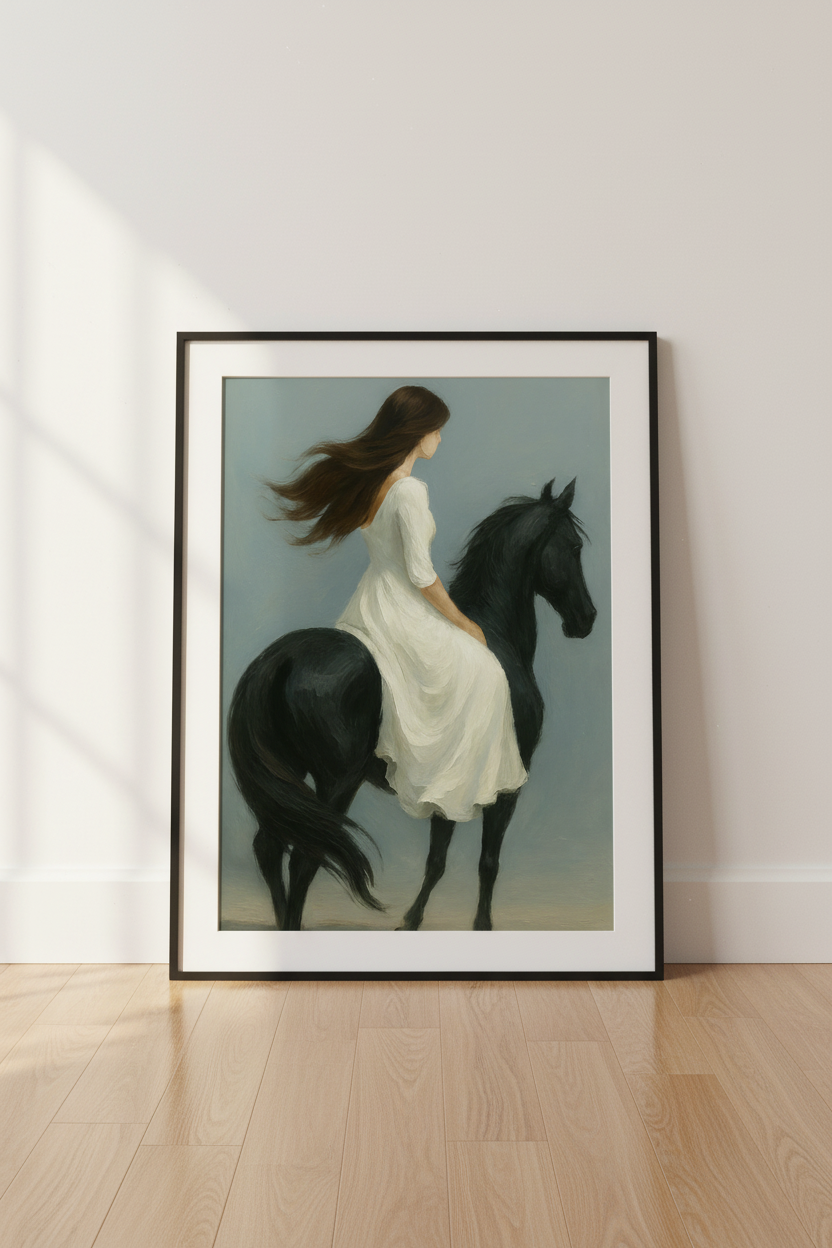 Minimalist Woman on Horse Wall Art Print | Modern Farmhouse Decor | Aesthetic Poster | Elegant Equestrian Art | Boho Girl Riding Horse