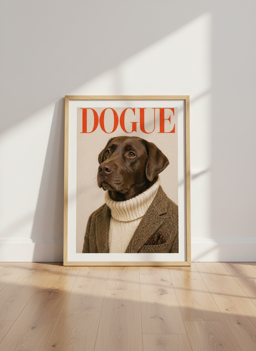 Humorous Dogue Magazine Cover Art | Labrador Retriever Framed Wall Art | Pet Lover Gift | Eclectic Home Decor | Ready to Hang Poster