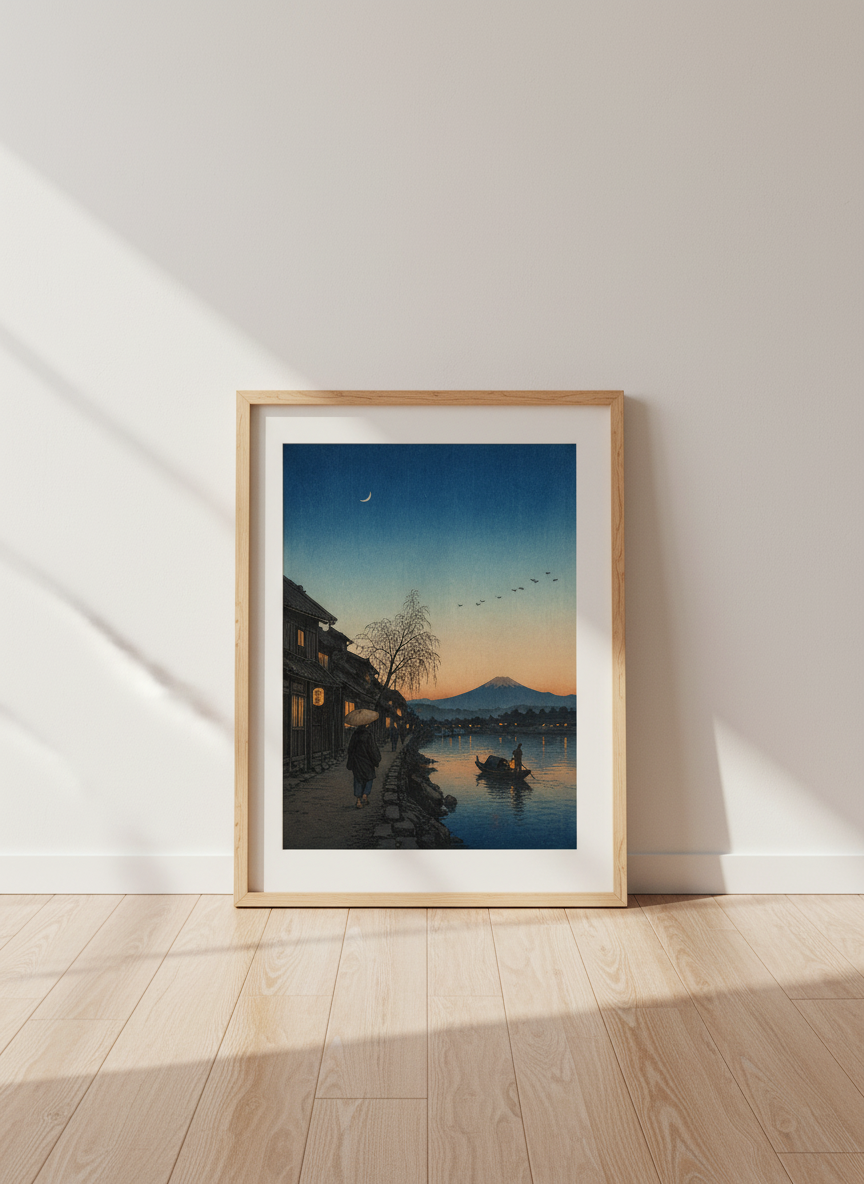 Evening Kawase Hasui Print | Japanese Woodblock Art | Mount Fuji Wall Decor | Asian Landscape Poster | Crescent Moon Art Print