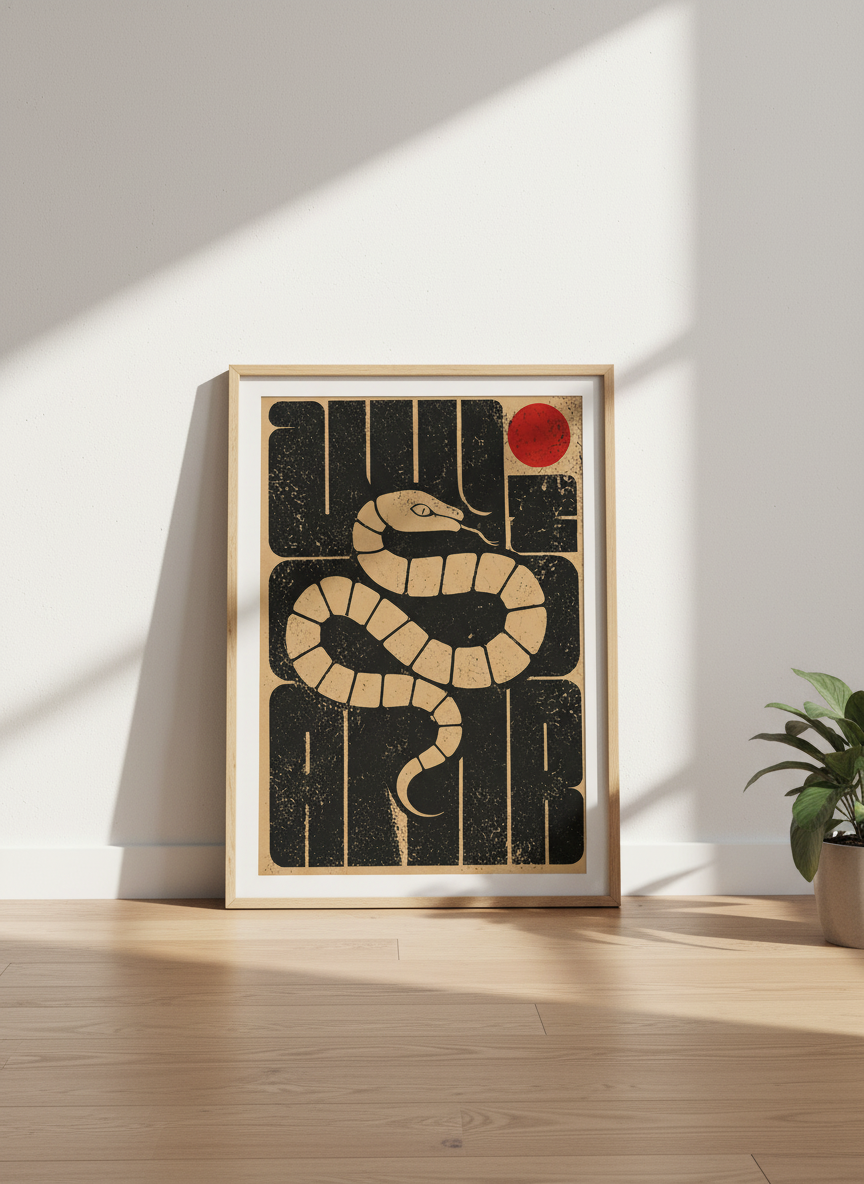 Minimalist Snake Poster | Red Sun &amp; Serpentine Art, Boho Home Decor