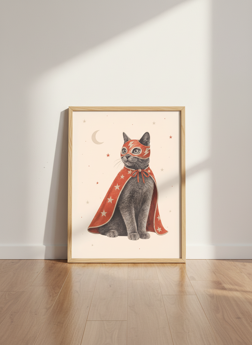Superhero Cat Wall Art | Kids Room Decor | Whimsical Animal Poster Print