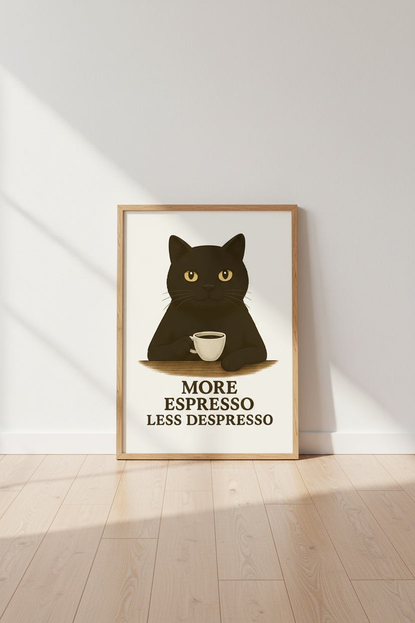 Humorous Black Cat Coffee Art Print | Kitchen Decor | Cozy Minimalist Poster | More Espresso Less Despresso Wall Decor