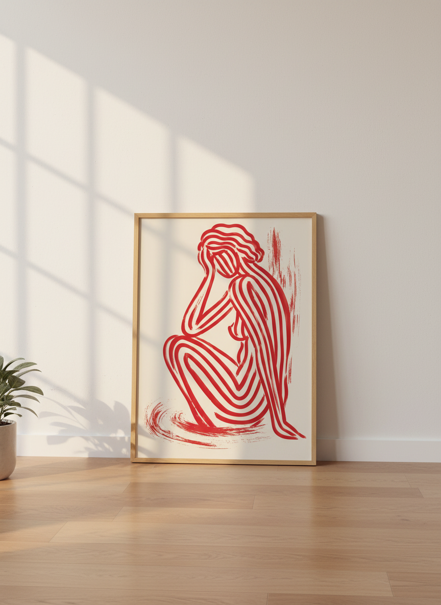 Abstract Nude Woman Line Art | Red Beige Modern Decor | Minimalist Body Poster Print