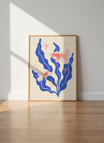 Pink Betta Fish &amp; Seaweed Art Print | Coastal Bathroom Decor | Ocean Aesthetic Poster