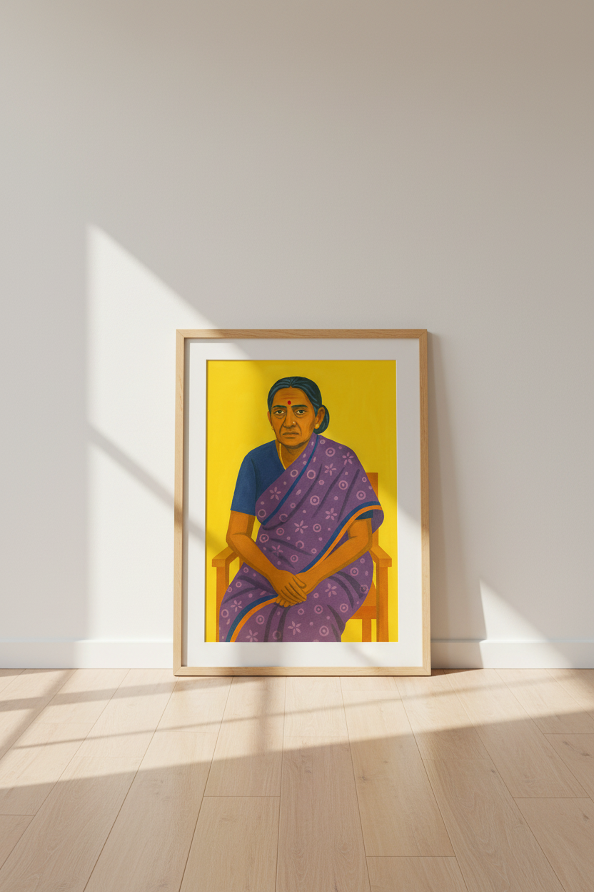 Folk Art Indian Woman Portrait Wall Art Print | Living Room Decor | Vibrant Aesthetic Poster | Unframed, Framed, Digital